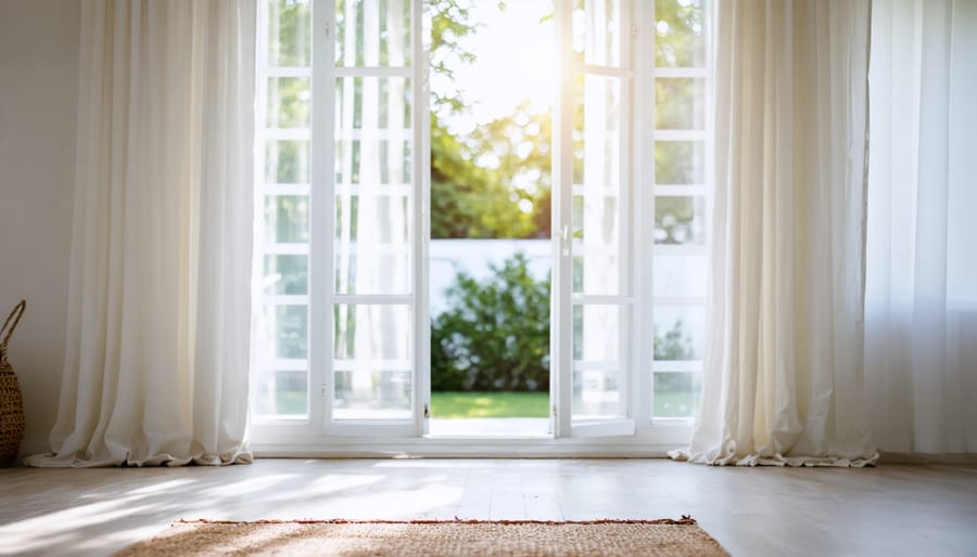 Sunlit living room with flowing white curtains and coastal-inspired decor