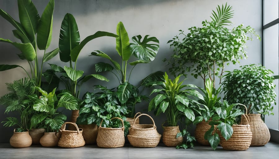 Natural home decor featuring potted plants, woven baskets, and organic materials