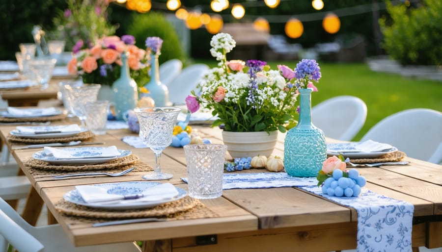 Summer outdoor dining table setting with festive decorations