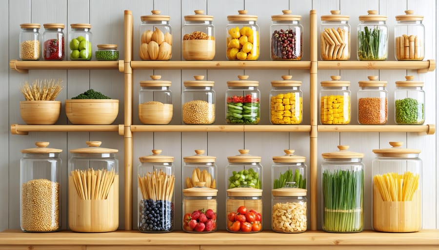Organized kitchen shelving with sustainable bamboo and glass storage containers
