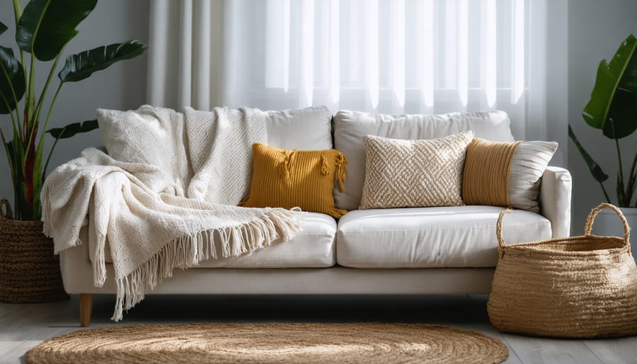 Eco-friendly living room featuring sustainable textiles and energy-efficient lighting