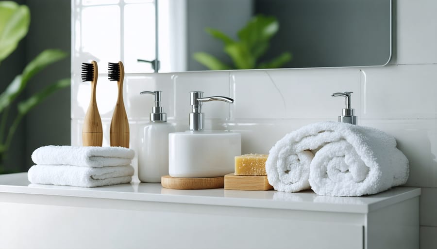 Zero-waste bathroom products arranged on a natural stone counter