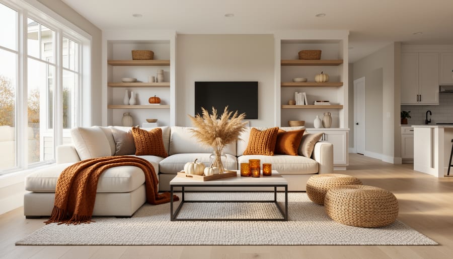 Cozy staged bedroom with autumn-colored throw blankets and pillows in warm lighting