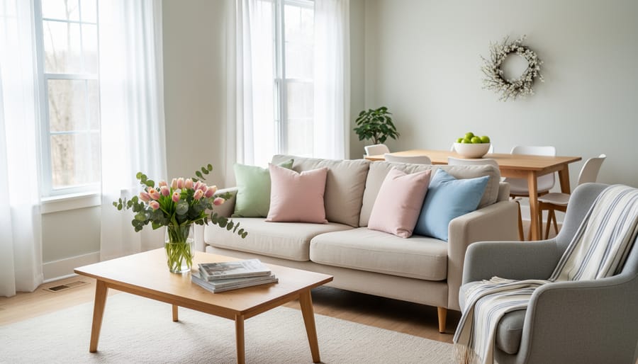 Bright staged living room with spring flowers and pastel accents in natural sunlight