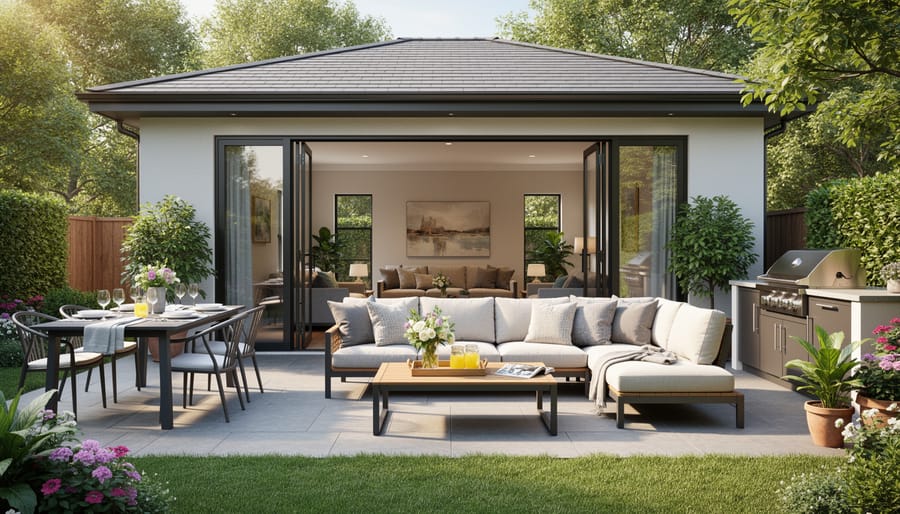Staged outdoor patio with modern furniture and decorative accessories for summer entertaining