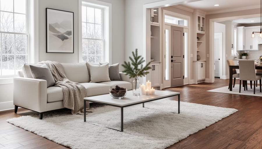 Staged home entryway with neutral winter decor and warm lighting creating welcoming atmosphere