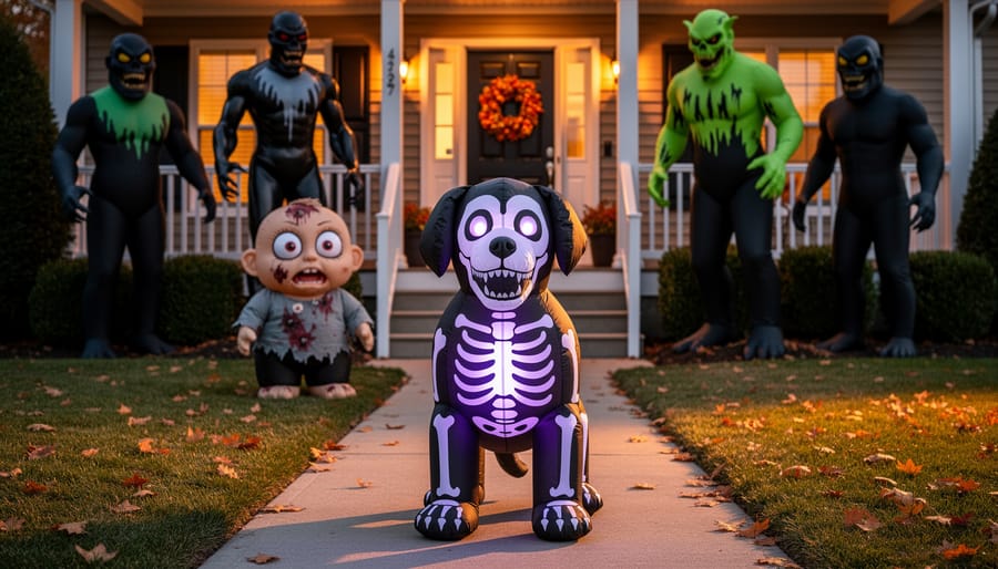 Glowing inflatable skeleton puppy Halloween decoration in a front yard, with other inflatable characters visible behind it at dusk.