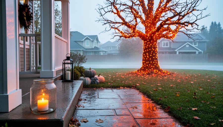 Orange LED lit Halloween tree and a glass candle on a rainy Canadian porch with wet yard and overcast sky in the background.