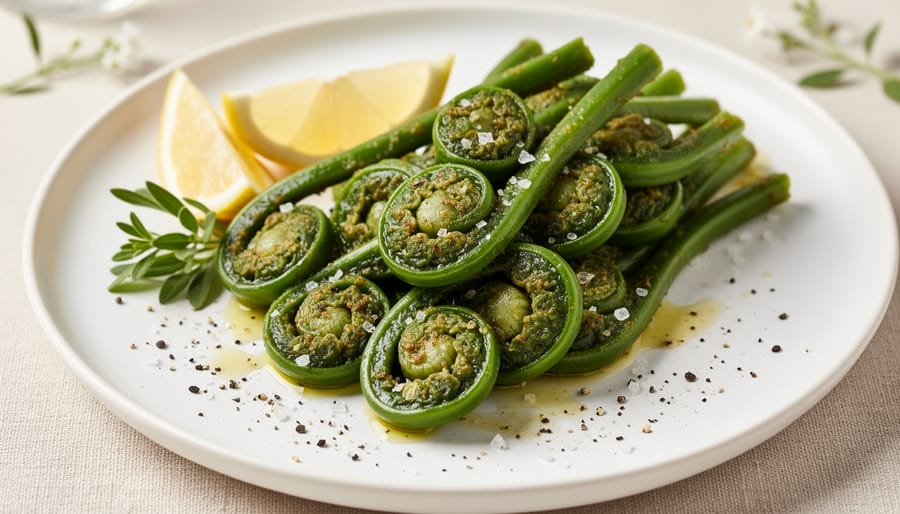 Butter-glossy fiddleheads served in a white bowl on a rustic wooden table