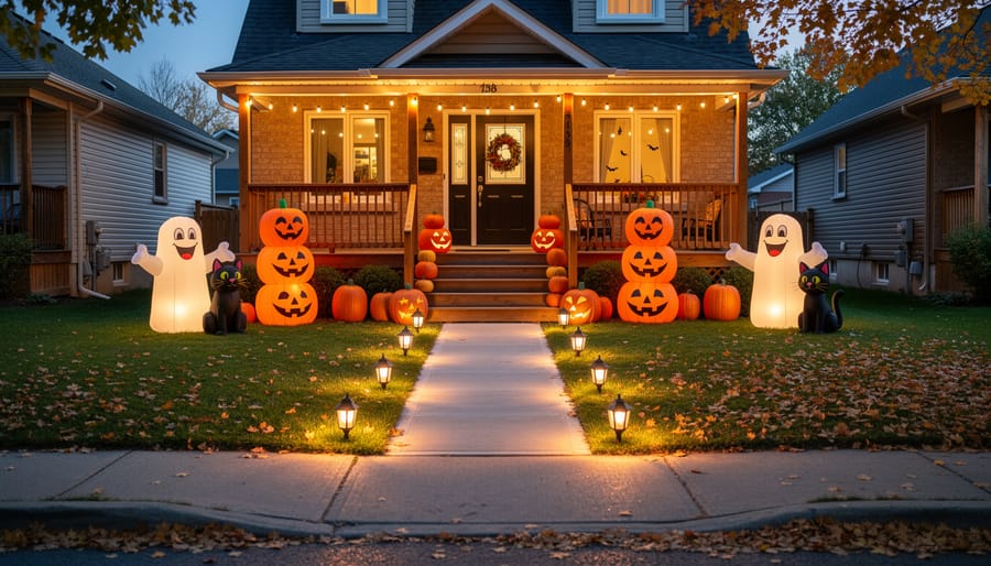 Outdoor Halloween decorations featuring a glowing LED-lit Halloween tree and a pumpkin lantern inflatable in a Canadian front yard porch area.