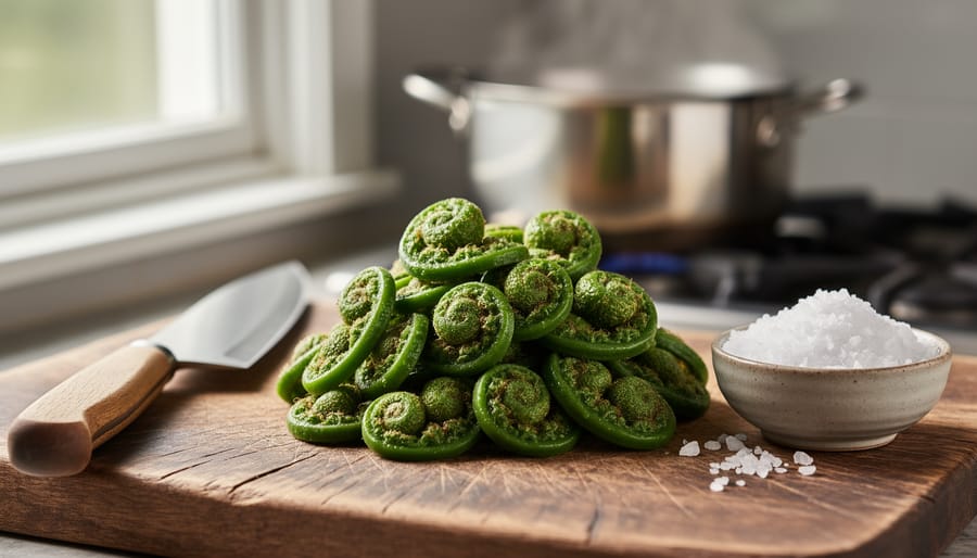Freshly cleaned fiddleheads on a wooden cutting board with a knife and salt, with a steaming pot softly blurred in the background.
