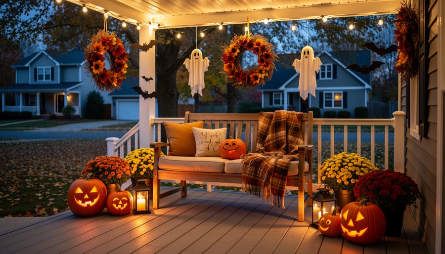 Three-wick glass candle burning on a covered porch next to a Halloween wreath and painted pumpkins.