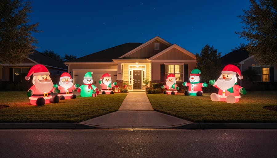 Inflatable skeleton puppy and glowing inflatable pumpkin lit up on a suburban front lawn at dusk