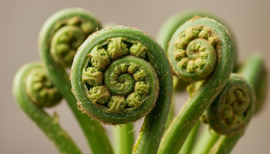 Fresh fiddleheads with brown papery coverings being inspected by gloved hands