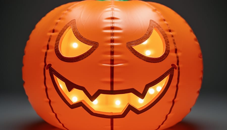 Close-up of an anchored glowing inflatable Halloween pumpkin on grass with LEDs visible