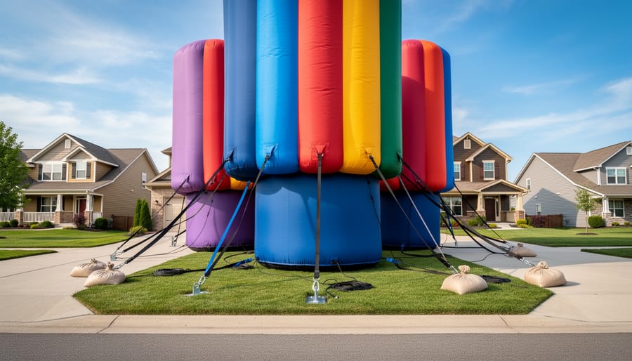 Large anchored inflatable Halloween decoration in a driveway under light wind with grass and tethers visible