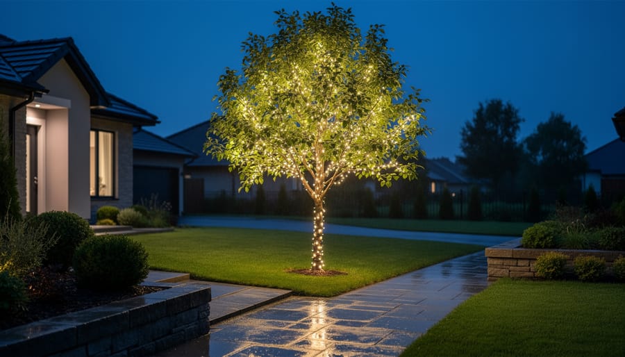 LED lit Halloween tree glowing in a backyard at night with cool outdoor lighting and dark fence in the background.