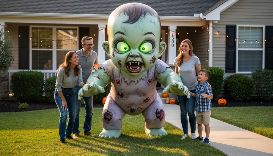 Family outdoors at golden hour with an inflatable zombie baby in the yard
