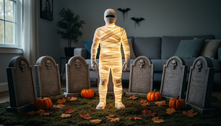 11-foot LED giant mummy decoration in a graveyard-themed Halloween yard