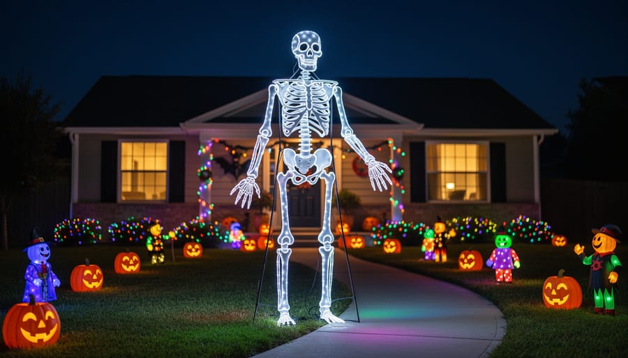 12-foot animated LED app-controlled skeleton glowing in a Halloween front yard at night