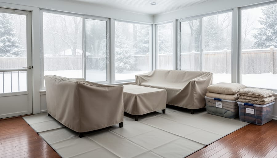 3-season outdoor room in winter with protected flooring and screened windows