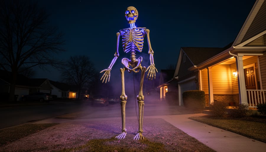 A towering LED app-controlled style giant skeleton decoration glowing at night in a suburban front yard with porch and street lighting in the background.