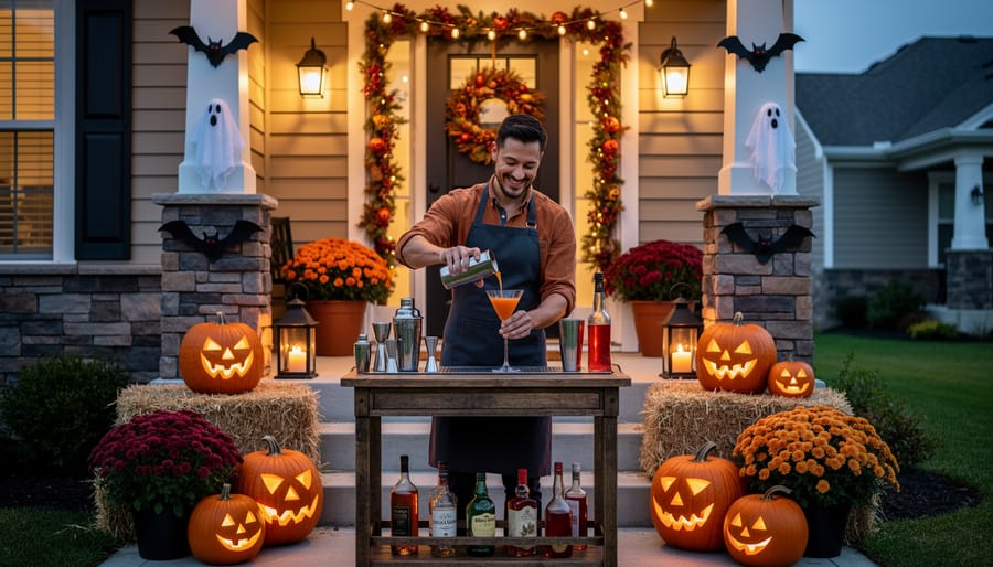 6-foot LED animatronic bartender mixologist decoration on a covered porch
