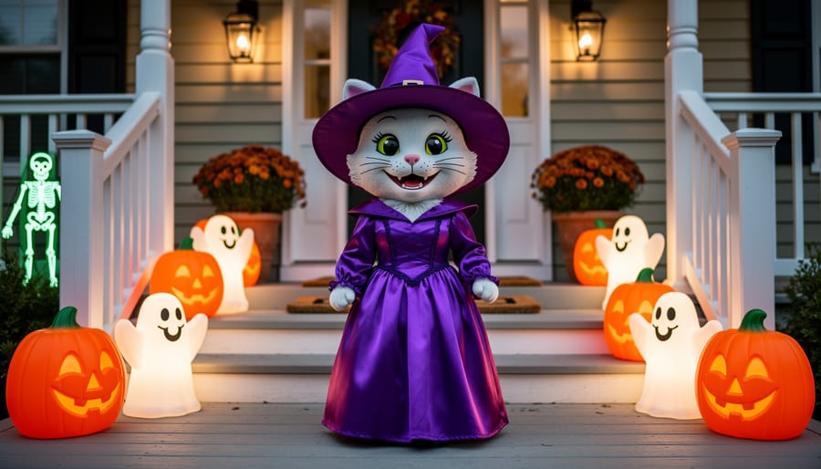 Whimsical 90s-style Halloween porch with a purple Kitty Witch figure, glowing blow-mold pumpkin and ghost lights, and hints of neon skeleton décor in the yard.