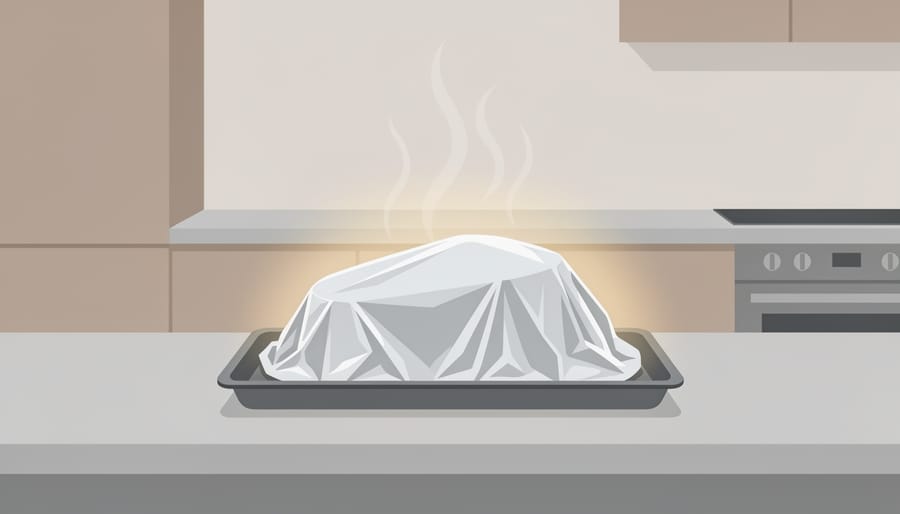 Aluminum foil tenting over a roast chicken during the resting period on a kitchen counter.