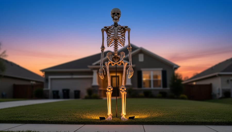Classic 12-foot skeleton decoration standing in a front yard at twilight