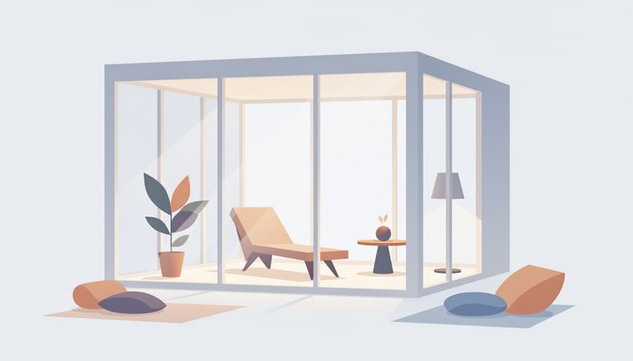 Close-up of a tidy 3-season outdoor room interior with ready-to-place decor and a potted plant