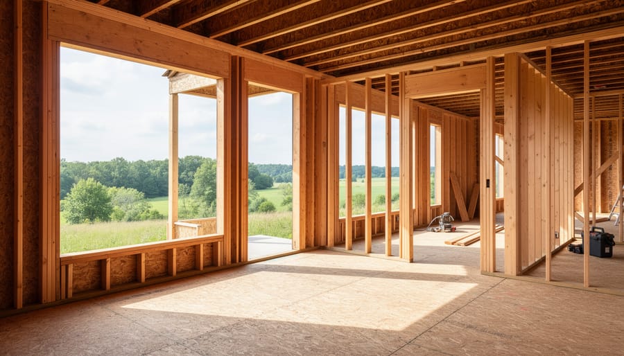 Framed walls and window openings of a 3-season outdoor room under construction
