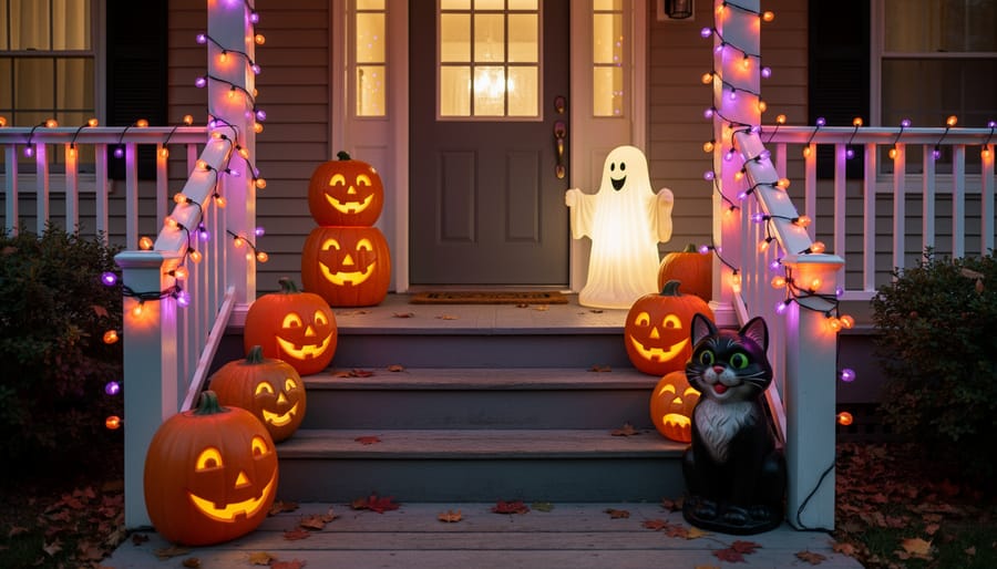 Front porch decorated with 90s-style blow mold ghosts and skeletons lit by vintage ghost-and-skeleton string lights.