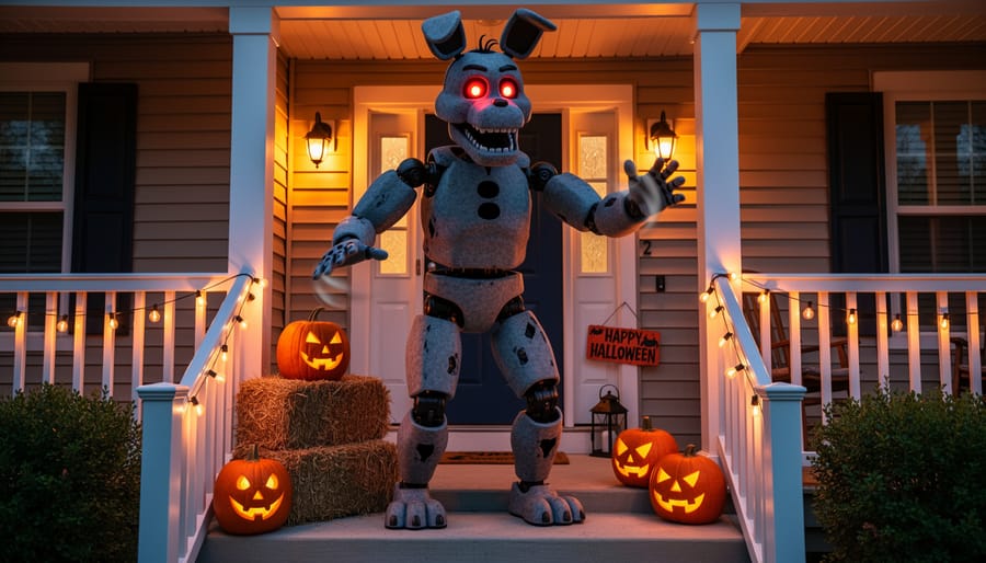 Giant budget animatronic Halloween decoration performing motion on a front porch at night
