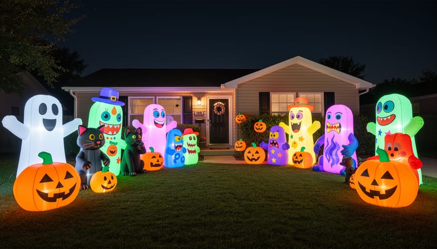 Glowing 90s-style Halloween inflatable ghosts and skeletons in a suburban front yard at night.