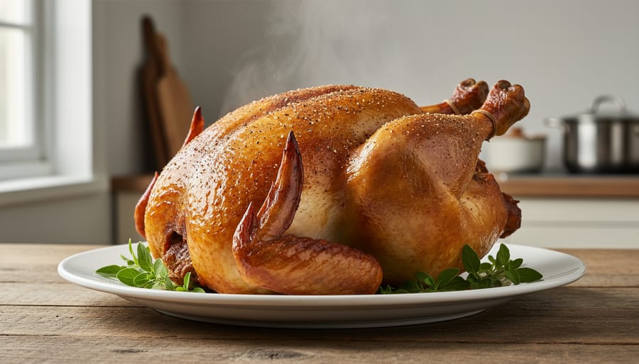Golden-brown roast chicken resting on a wooden cutting board, ready to be carved.