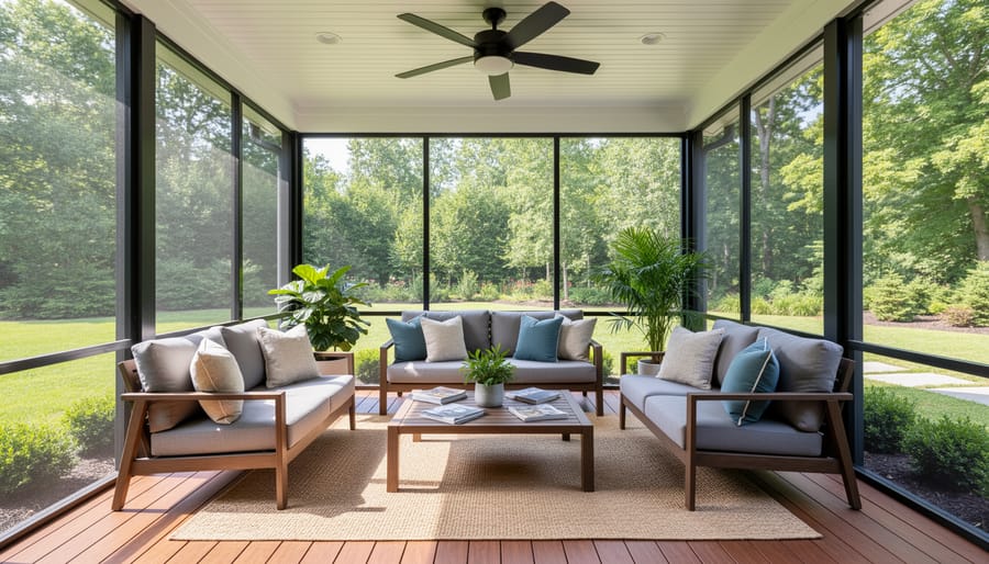 Homeowner relaxing inside a screened 3-season outdoor room with wicker seating and a coffee table