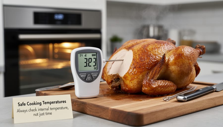 Instant-read thermometer placed into the thickest part of a chicken thigh to check internal temperature.