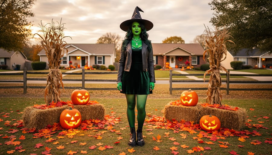 Large green witch figure with a cat decorating a front yard walkway next to jack-o-lanterns.