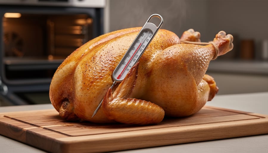 Whole roast chicken on a cutting board with an instant-read thermometer inserted into the thickest part of the thigh, with a softly blurred oven in the background.