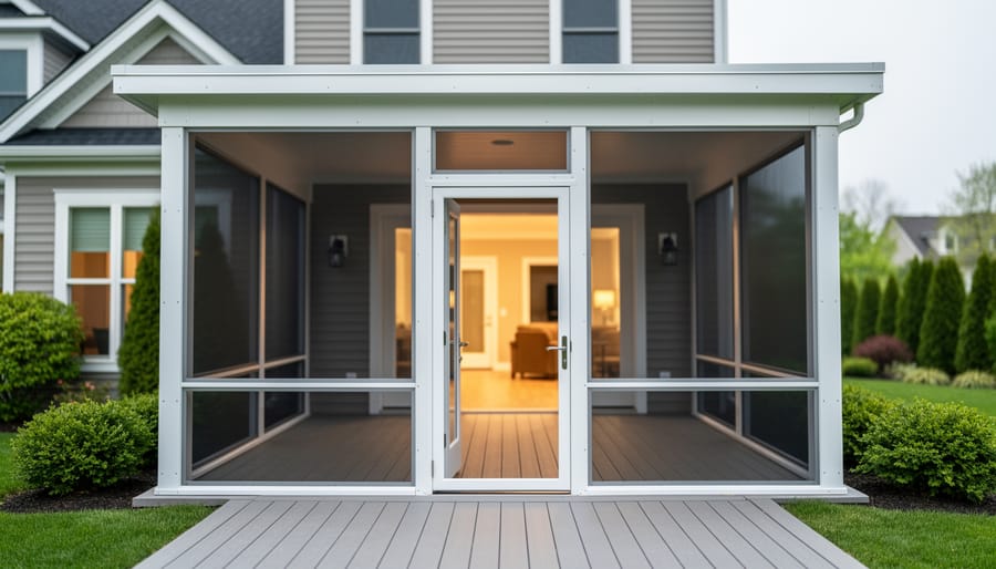 Partially framed screened-in 3 season outdoor room attached to a home, photographed in spring light with a patio and greenery in the background.