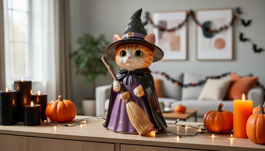 Whimsical Kitty Witch Halloween figure displayed on a living-room mantel under warm accent lighting.