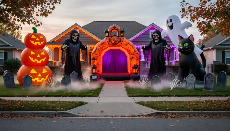 Wide view of a Halloween front yard with multiple giant illuminated decorations