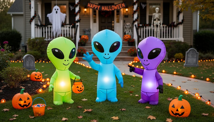 Three 32-inch inflatable alien props arranged along a lawn walkway at night