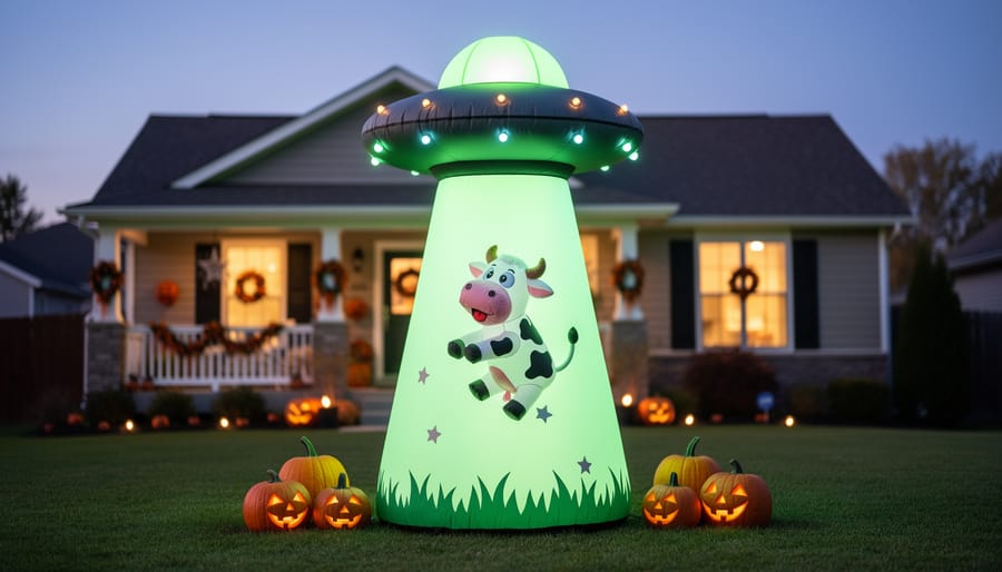 4.2-foot cow abduction alien UFO inflatable scene in a yard at night