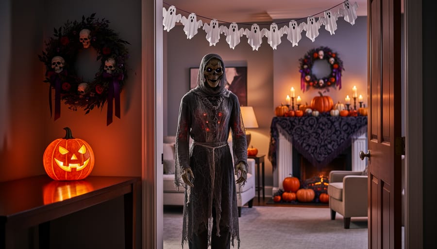 Indoor Halloween scene featuring a tall animatronic near the doorway, glowing lanterns on a console table, a hanging ghost garland, and a softly lit wreath and mantel centerpiece in a cozy living room.