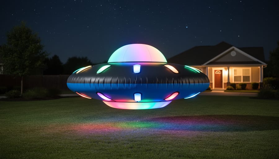 7.2-foot UFO inflatable with LEDs glowing in a yard at night