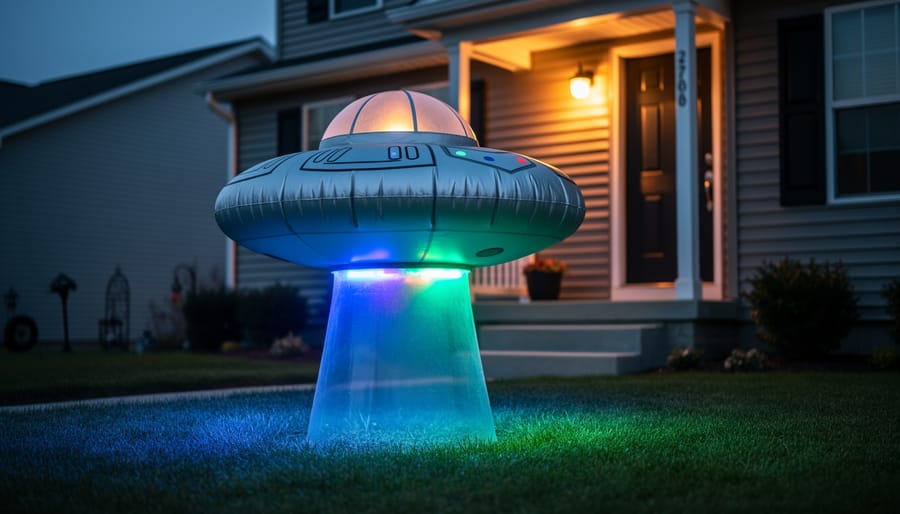 A glowing inflatable alien UFO with color-changing LEDs in a suburban front yard at dusk, with a home and porch softly blurred in the background.