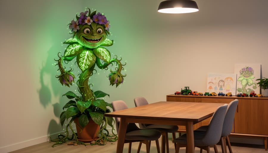 8 FT Perilous Plant Monster decoration in an indoor dining room corner near a dining table.