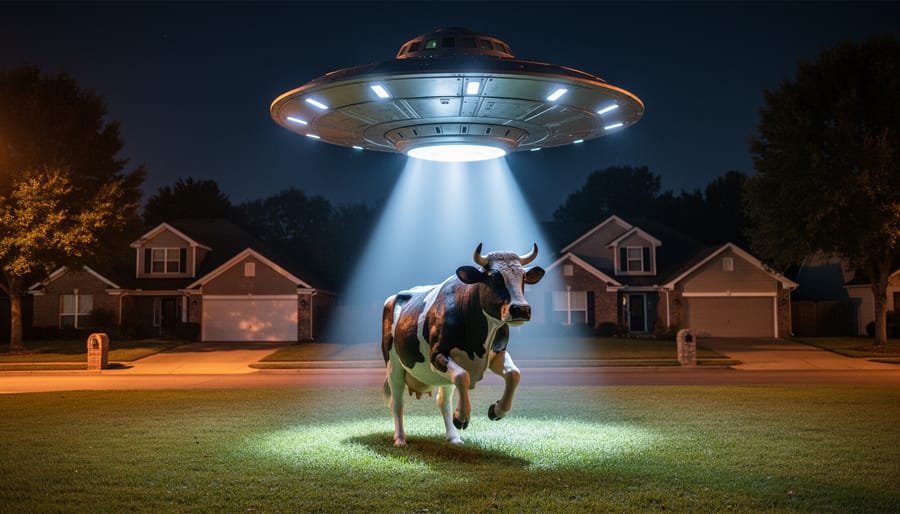 9-foot UFO cow abduction inflatable decoration visible from the street at night